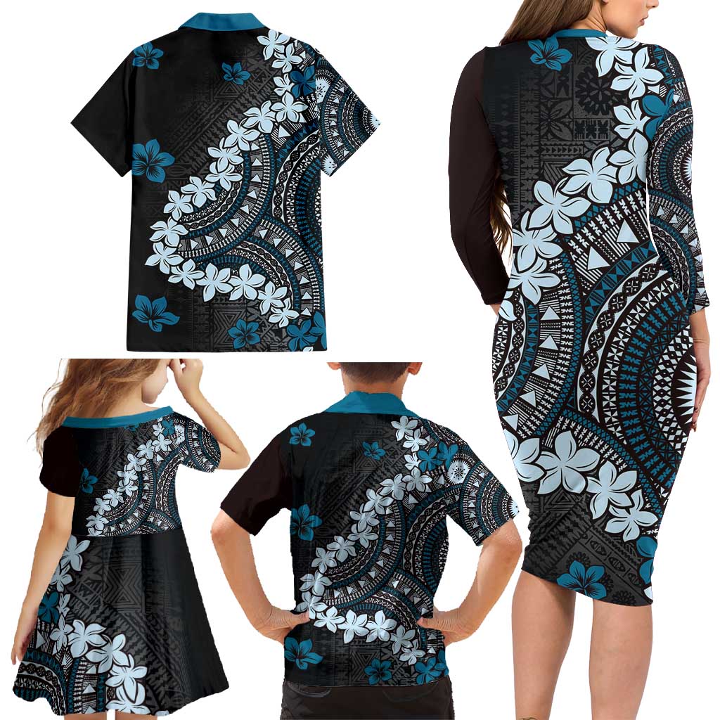 Bula Fiji Women's Day Family Matching Long Sleeve Bodycon Dress and Hawaiian Shirt Indigo Masi Tapa LT7 - Polynesian Pride