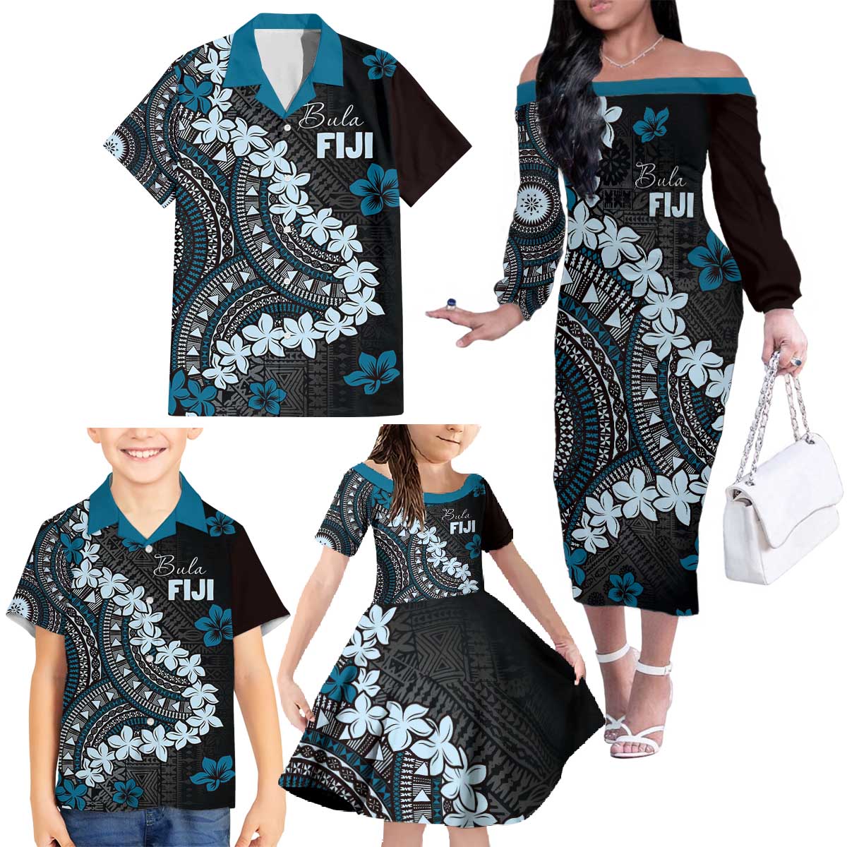 Bula Fiji Women's Day Family Matching Off The Shoulder Long Sleeve Dress and Hawaiian Shirt Indigo Masi Tapa