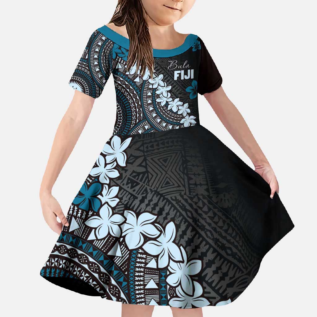 Bula Fiji Women's Day Family Matching Summer Maxi Dress and Hawaiian Shirt Indigo Masi Tapa LT7 Daughter's Dress Indigo - Polynesian Pride