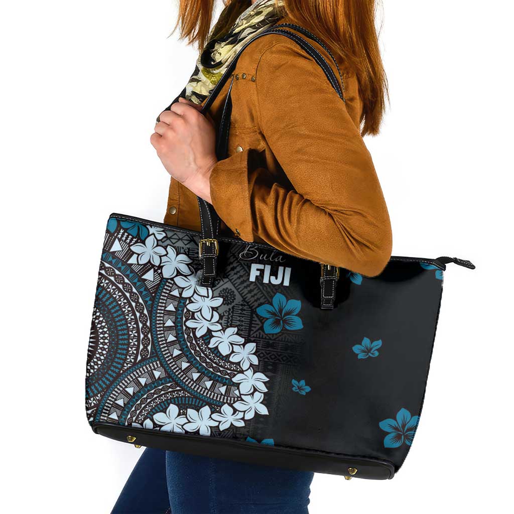 Bula Fiji Women's Day Leather Tote Bag Indigo Masi Tapa