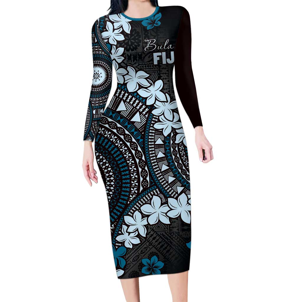 Bula Fiji Women's Day Long Sleeve Bodycon Dress Indigo Masi Tapa LT7 Long Dress Indigo - Polynesian Pride