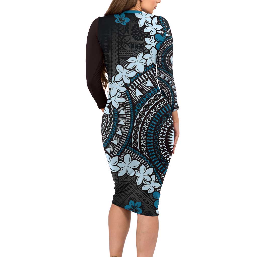 Bula Fiji Women's Day Long Sleeve Bodycon Dress Indigo Masi Tapa LT7 - Polynesian Pride