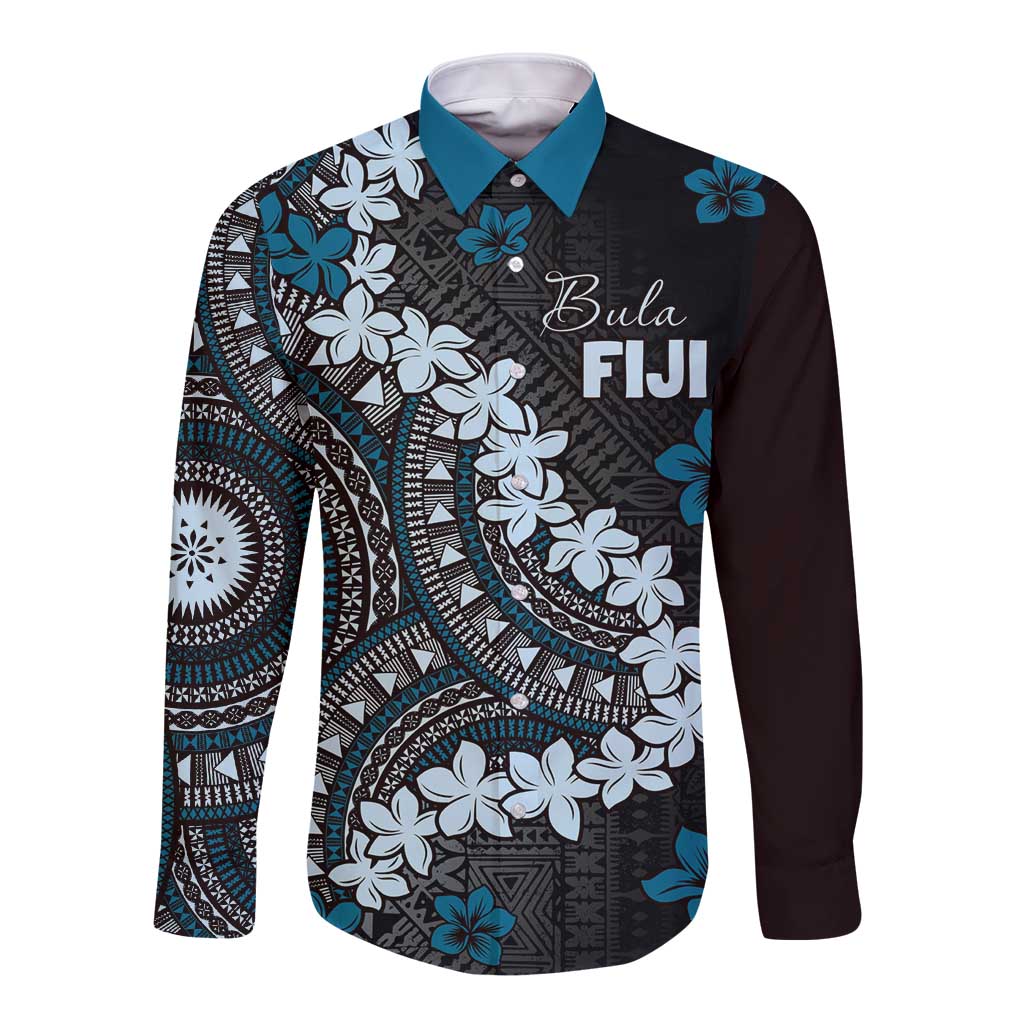 Bula Fiji Women's Day Long Sleeve Button Shirt Indigo Masi Tapa