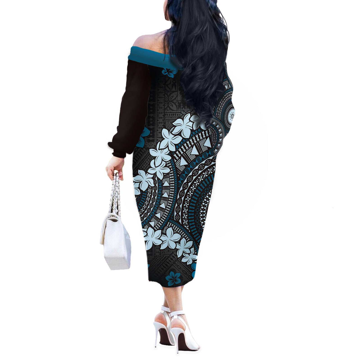 Bula Fiji Women's Day Off The Shoulder Long Sleeve Dress Indigo Masi Tapa LT7 - Polynesian Pride