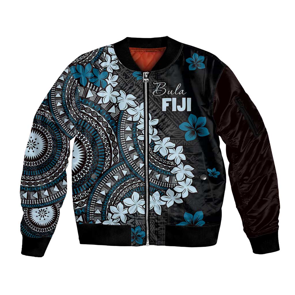 Bula Fiji Women's Day Sleeve Zip Bomber Jacket Indigo Masi Tapa