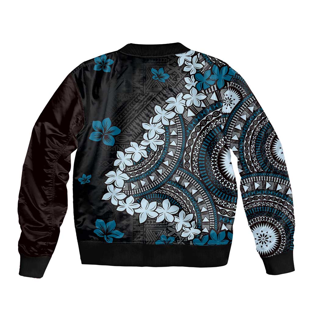 Bula Fiji Women's Day Sleeve Zip Bomber Jacket Indigo Masi Tapa