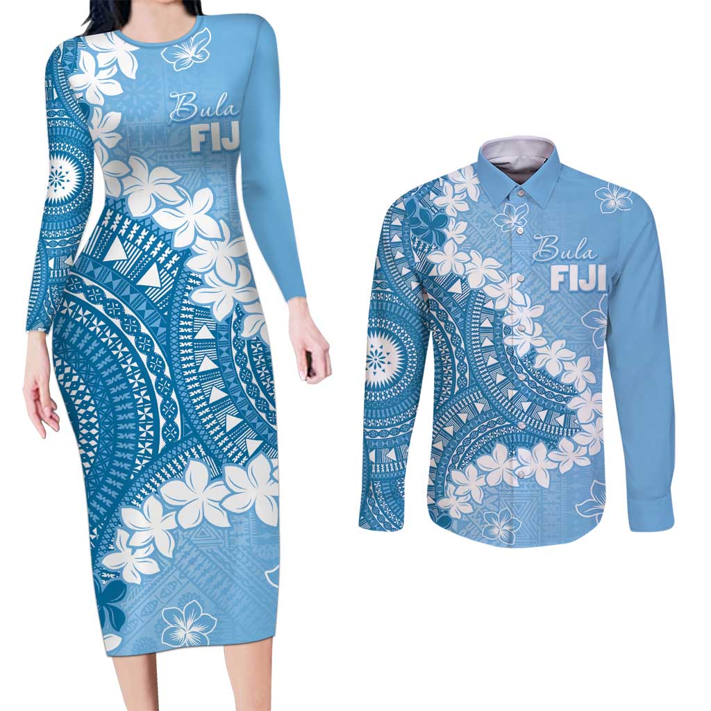 Bula Fiji Women's Day Couples Matching Long Sleeve Bodycon Dress and Long Sleeve Button Shirt Turquoise Masi Tapa LT7 Turquoise - Polynesian Pride