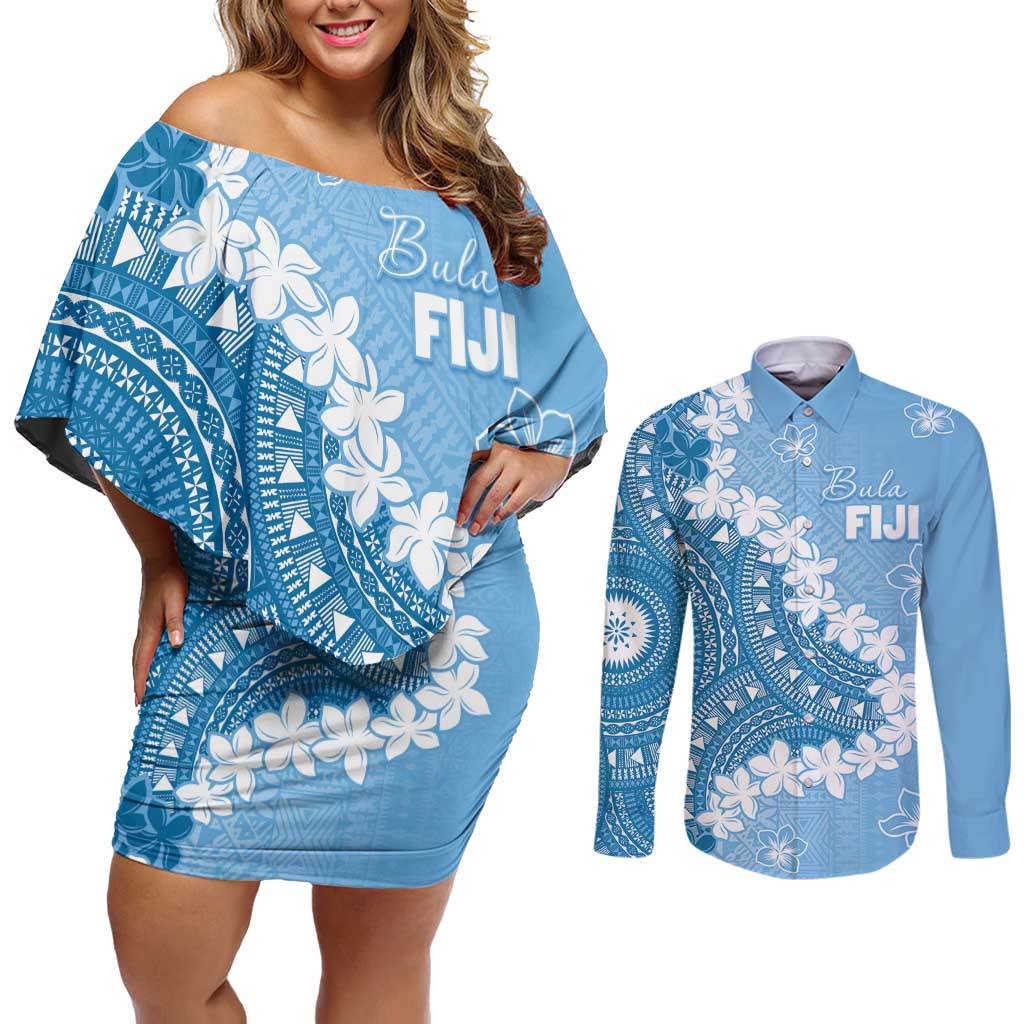 Bula Fiji Women's Day Couples Matching Off Shoulder Short Dress and Long Sleeve Button Shirt Turquoise Masi Tapa