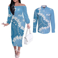 Bula Fiji Women's Day Couples Matching Off The Shoulder Long Sleeve Dress and Long Sleeve Button Shirt Turquoise Masi Tapa LT7 Turquoise - Polynesian Pride