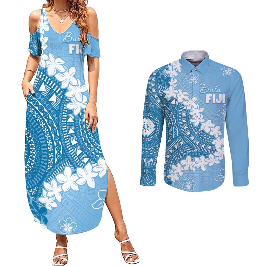 Bula Fiji Women's Day Couples Matching Summer Maxi Dress and Long Sleeve Button Shirt Turquoise Masi Tapa