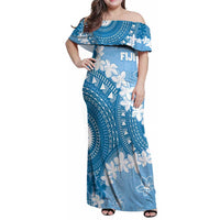 Bula Fiji Women's Day Family Matching Off Shoulder Maxi Dress and Hawaiian Shirt Turquoise Masi Tapa