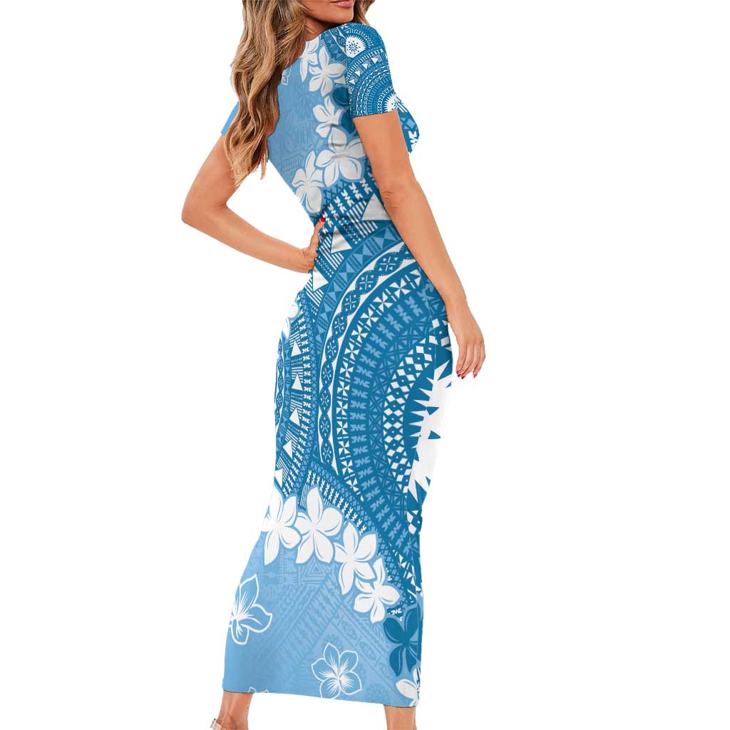 Bula Fiji Women's Day Family Matching Short Sleeve Bodycon Dress and Hawaiian Shirt Turquoise Masi Tapa LT7 - Polynesian Pride