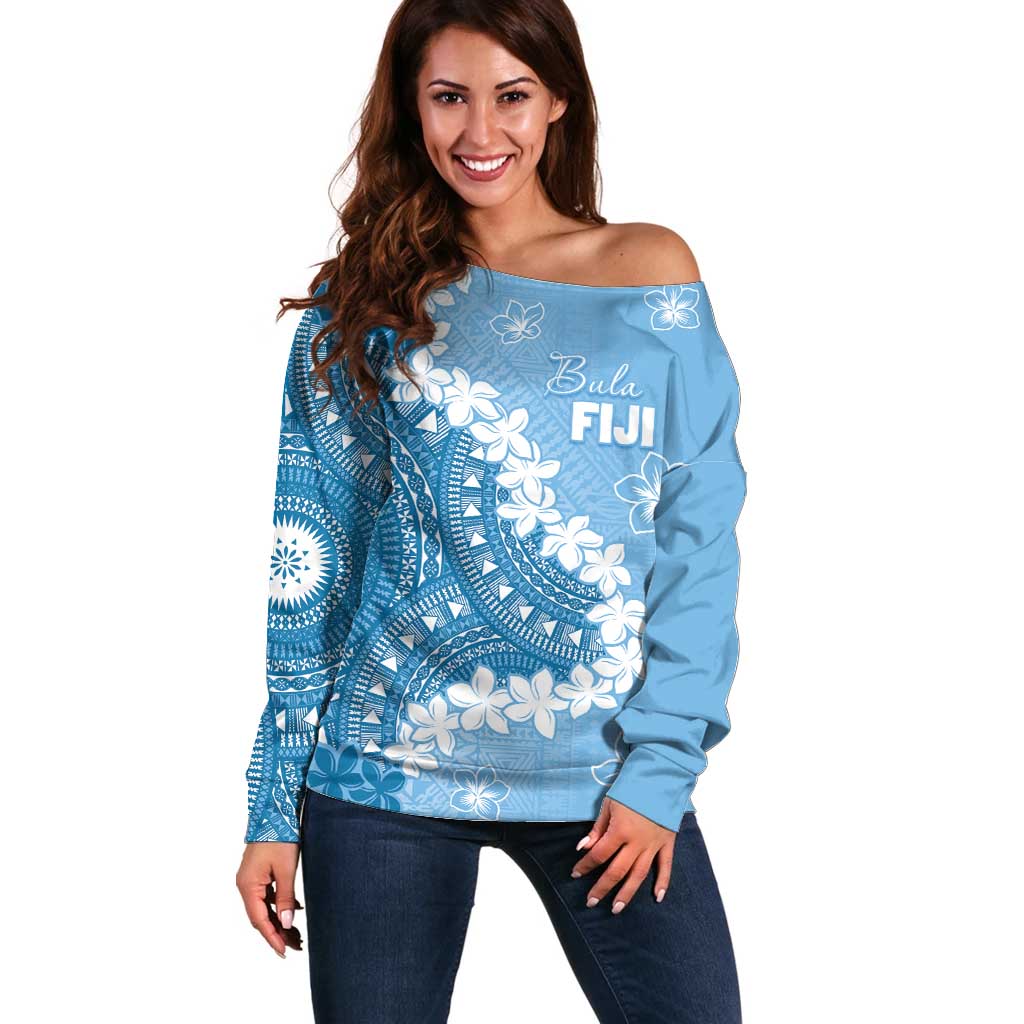 Bula Fiji Women's Day Off Shoulder Sweater Turquoise Masi Tapa
