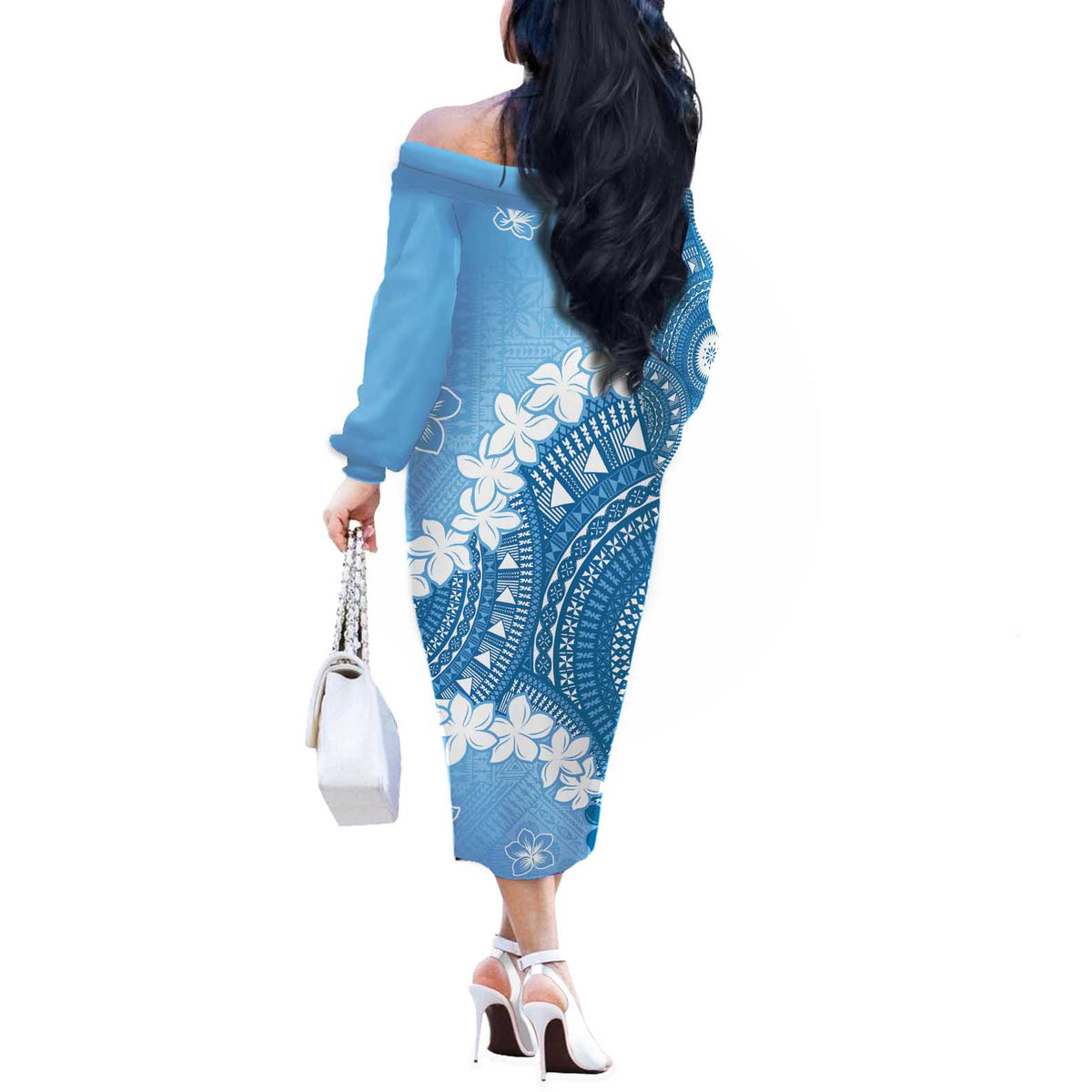 Bula Fiji Women's Day Off The Shoulder Long Sleeve Dress Turquoise Masi Tapa LT7 - Polynesian Pride