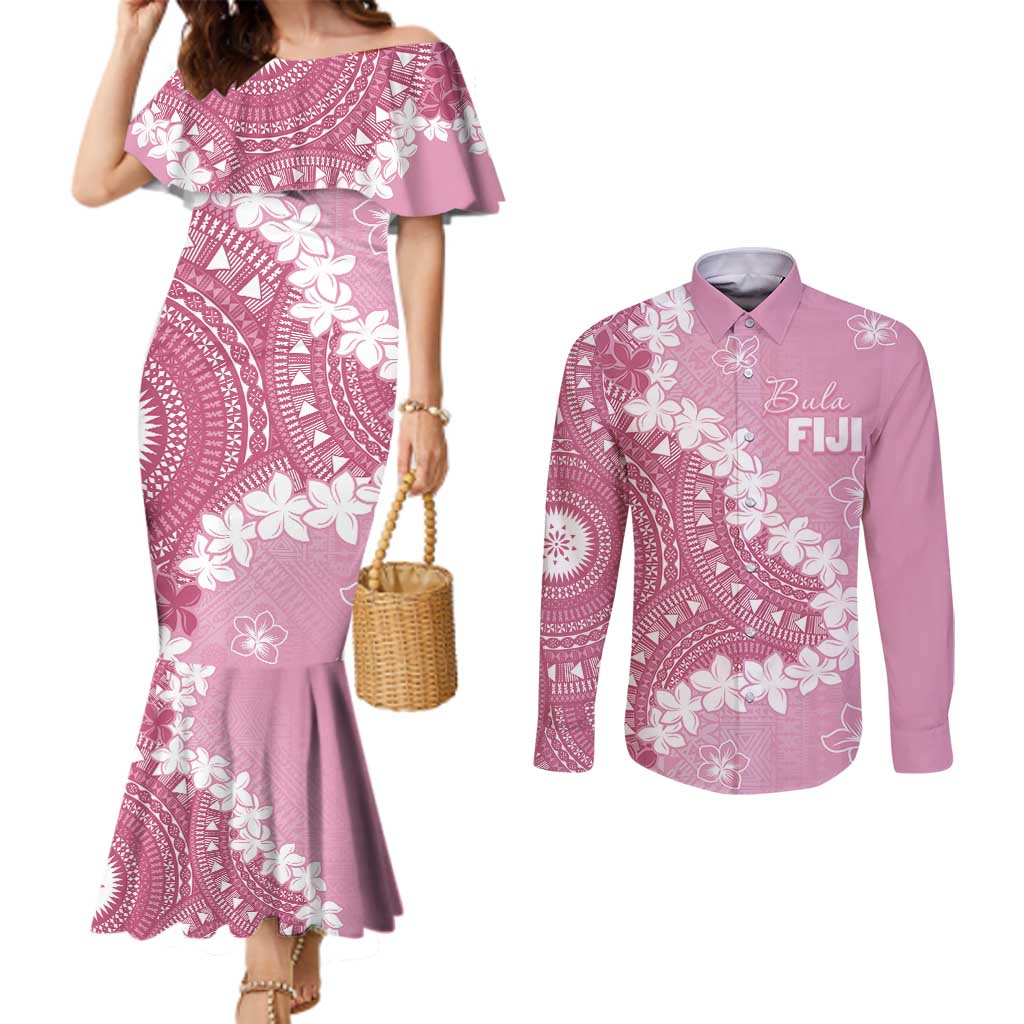 Bula Fiji Women's Day Couples Matching Mermaid Dress and Long Sleeve Button Shirt Pink Masi Tapa LT7 Pink - Polynesian Pride
