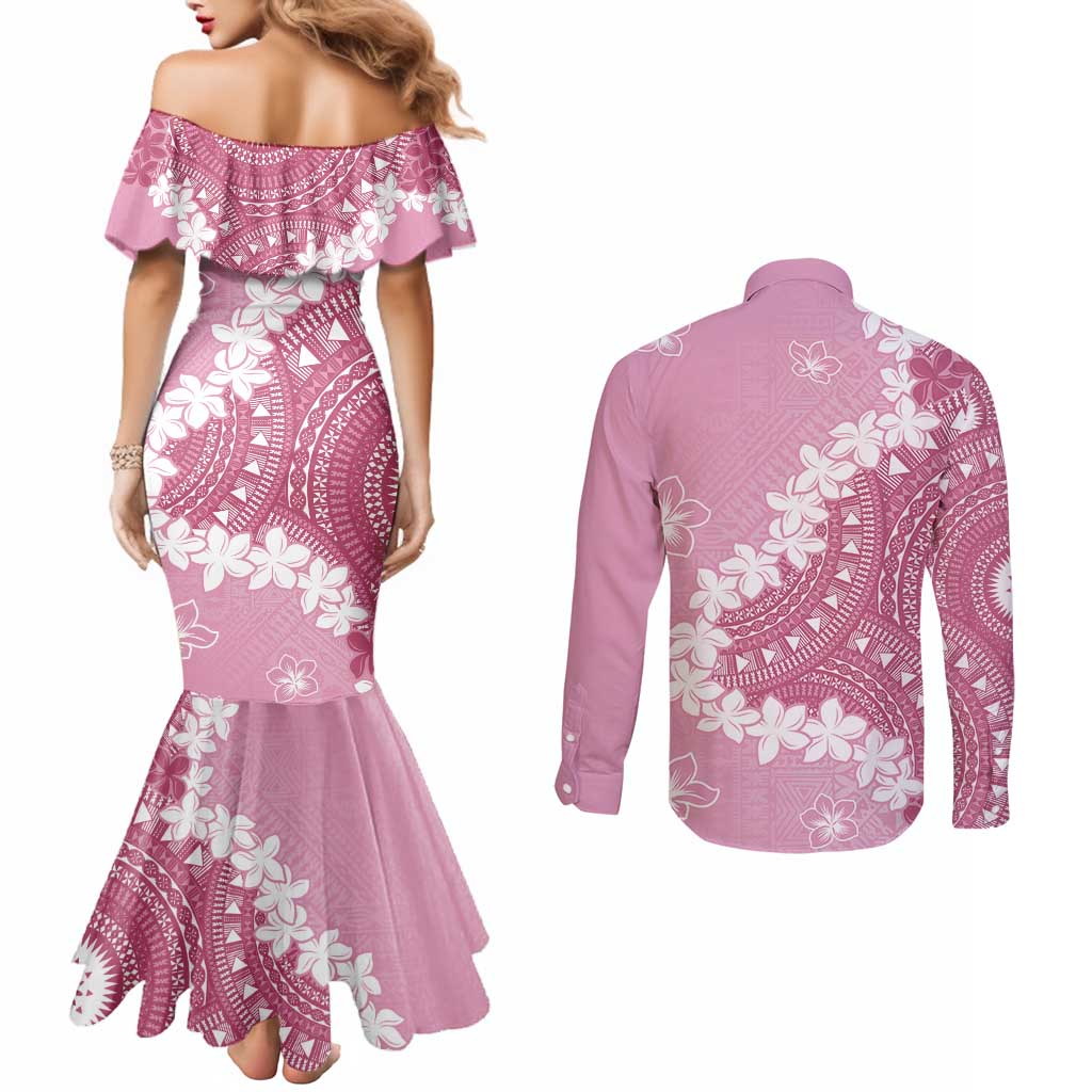 Bula Fiji Women's Day Couples Matching Mermaid Dress and Long Sleeve Button Shirt Pink Masi Tapa LT7 - Polynesian Pride
