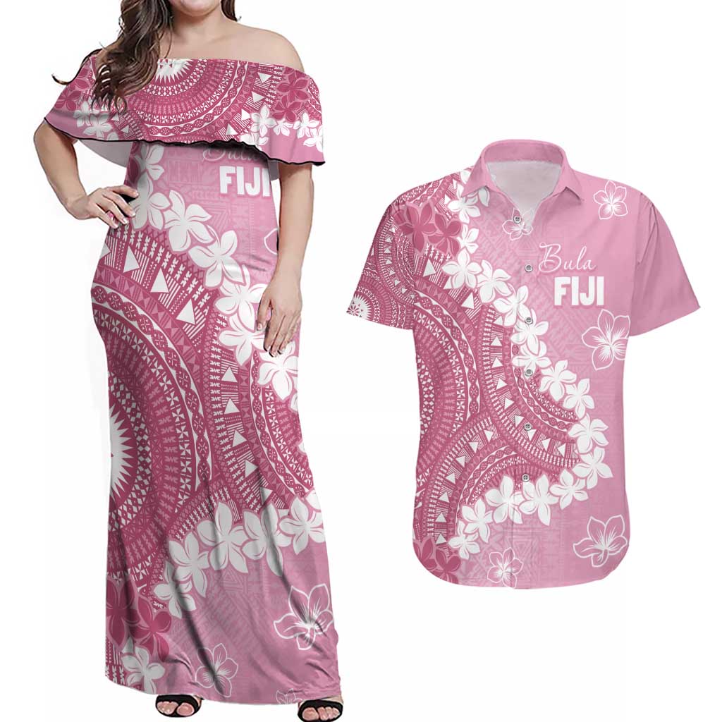 Bula Fiji Women's Day Couples Matching Off Shoulder Maxi Dress and Hawaiian Shirt Pink Masi Tapa