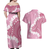 Bula Fiji Women's Day Couples Matching Off Shoulder Maxi Dress and Hawaiian Shirt Pink Masi Tapa