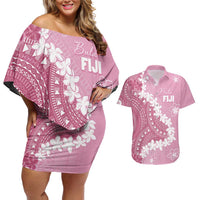 Bula Fiji Women's Day Couples Matching Off Shoulder Short Dress and Hawaiian Shirt Pink Masi Tapa