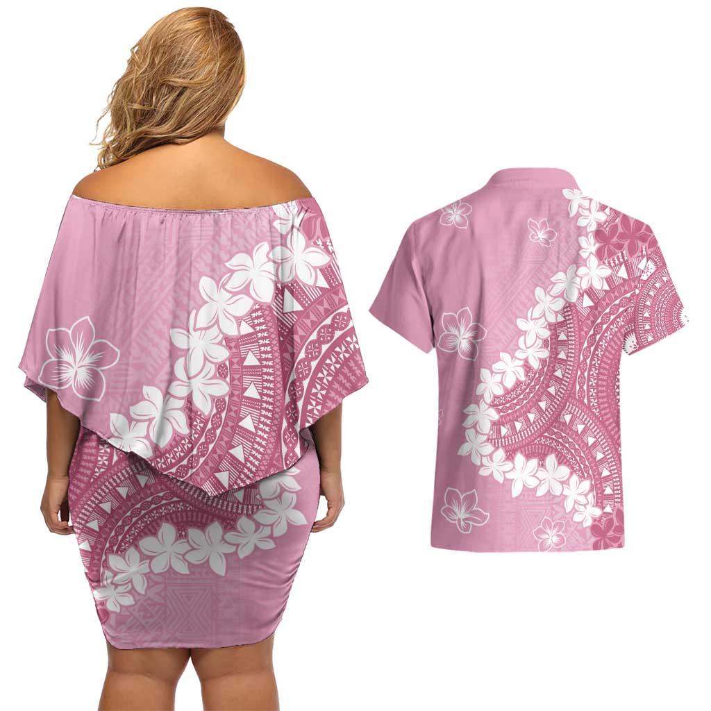 Bula Fiji Women's Day Couples Matching Off Shoulder Short Dress and Hawaiian Shirt Pink Masi Tapa
