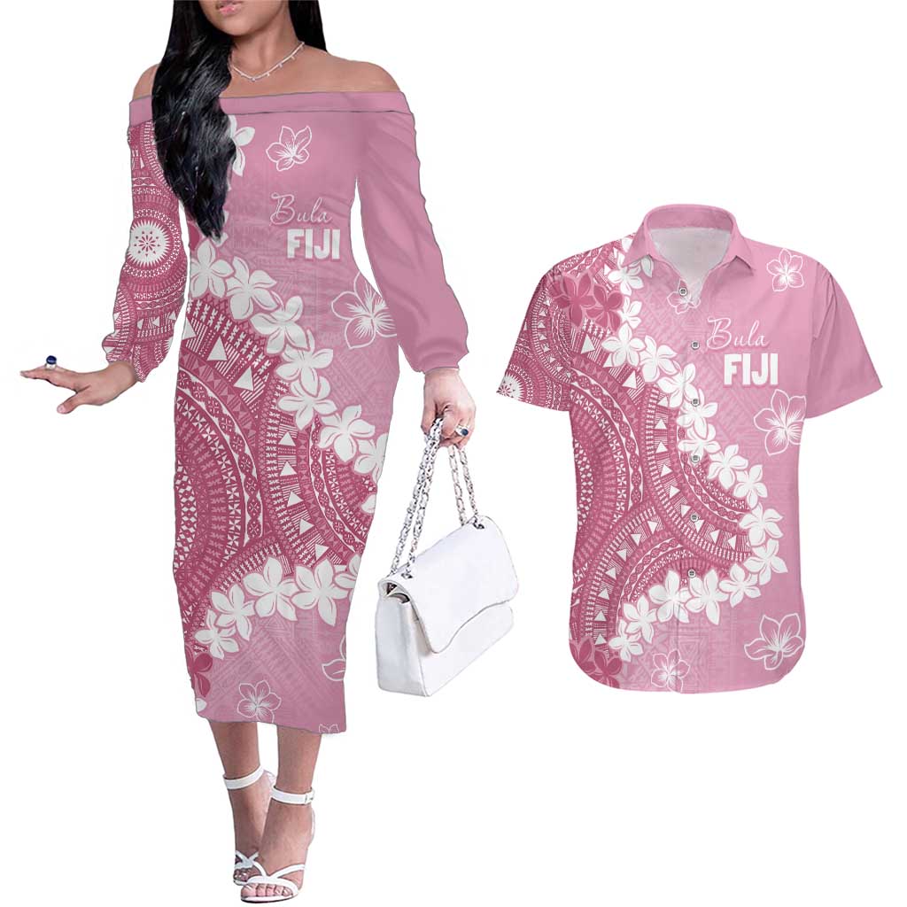 Bula Fiji Women's Day Couples Matching Off The Shoulder Long Sleeve Dress and Hawaiian Shirt Pink Masi Tapa