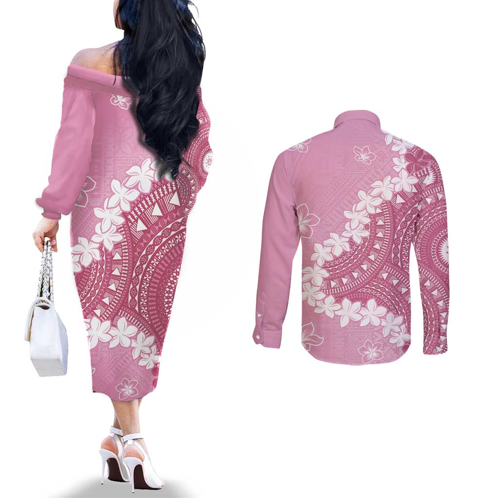 Bula Fiji Women's Day Couples Matching Off The Shoulder Long Sleeve Dress and Long Sleeve Button Shirt Pink Masi Tapa LT7 - Polynesian Pride