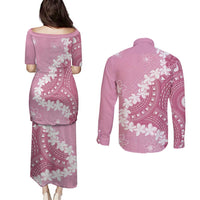 Bula Fiji Women's Day Couples Matching Puletasi and Long Sleeve Button Shirt Pink Masi Tapa LT7 - Polynesian Pride