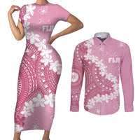 Bula Fiji Women's Day Couples Matching Short Sleeve Bodycon Dress and Long Sleeve Button Shirt Pink Masi Tapa LT7 Pink - Polynesian Pride