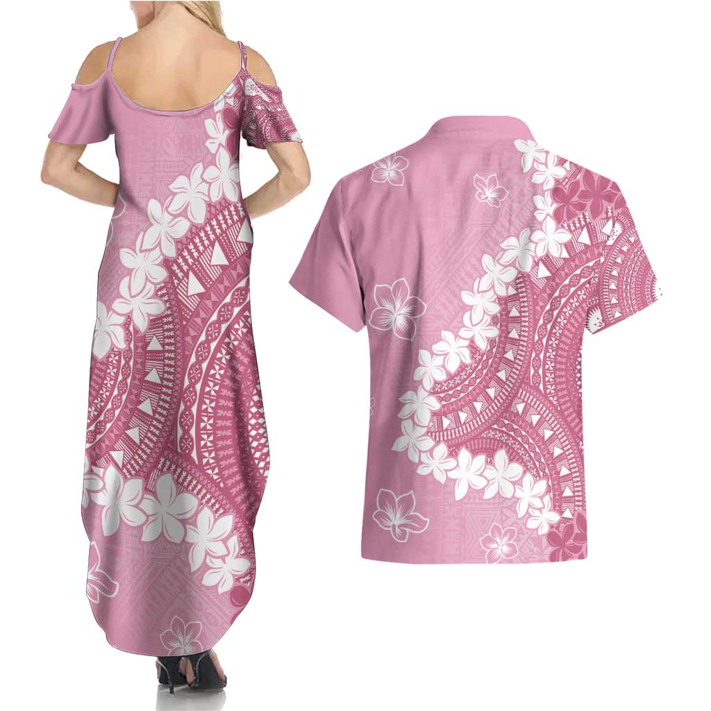 Bula Fiji Women's Day Couples Matching Summer Maxi Dress and Hawaiian Shirt Pink Masi Tapa LT7 - Polynesian Pride
