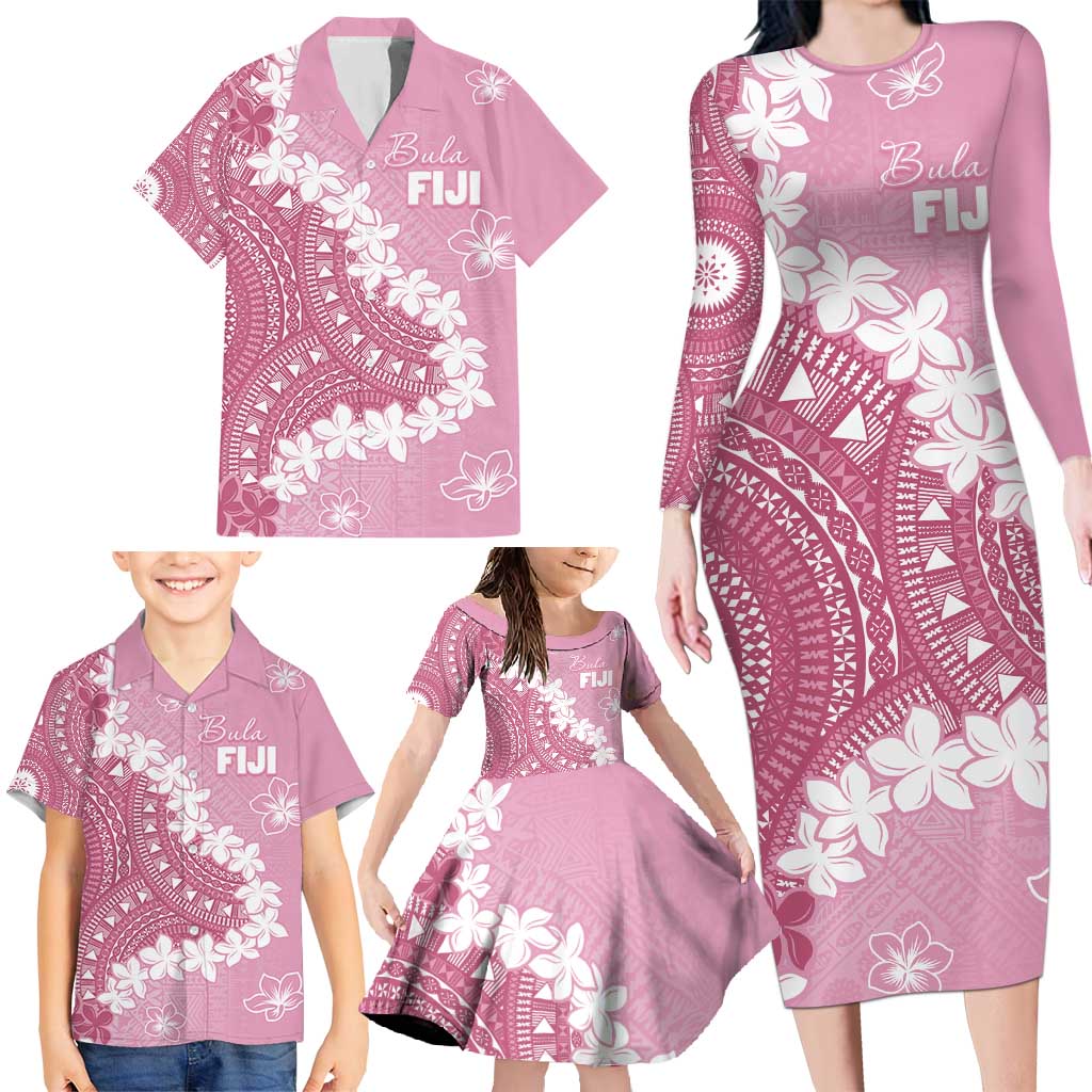 Bula Fiji Women's Day Family Matching Long Sleeve Bodycon Dress and Hawaiian Shirt Pink Masi Tapa LT7 - Polynesian Pride