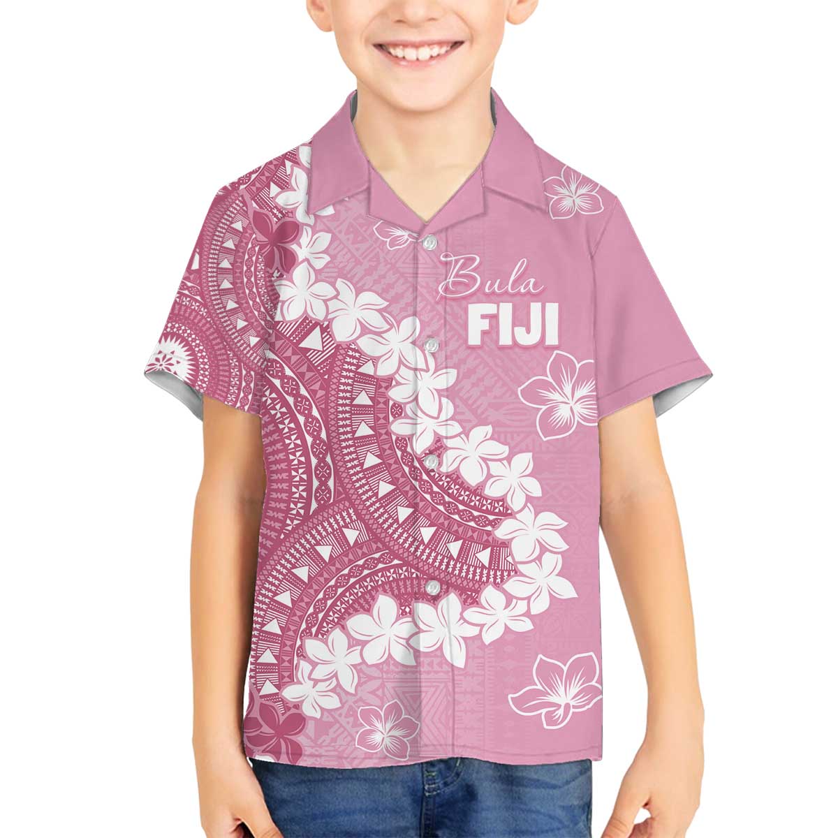 Bula Fiji Women's Day Family Matching Off The Shoulder Long Sleeve Dress and Hawaiian Shirt Pink Masi Tapa