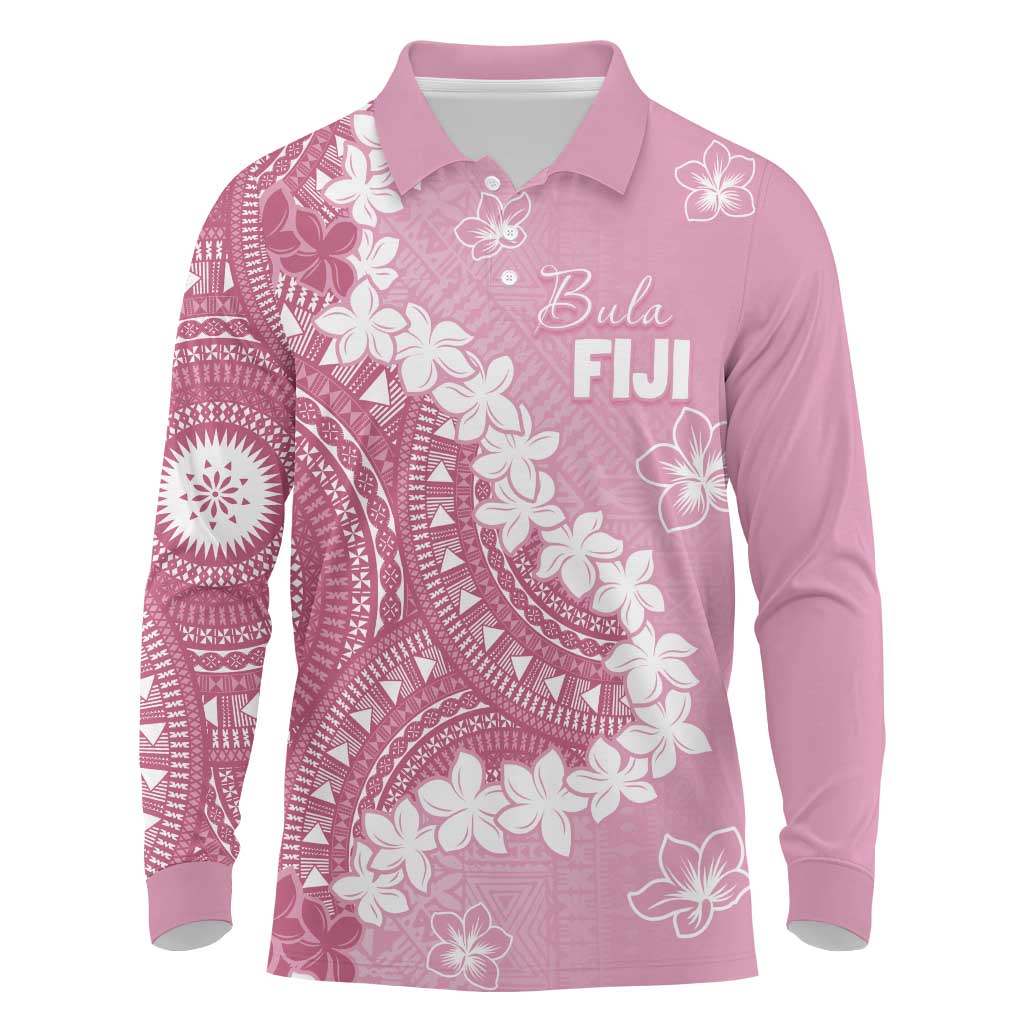 Bula Fiji Women's Day Long Sleeve Polo Shirt Pink Masi Tapa