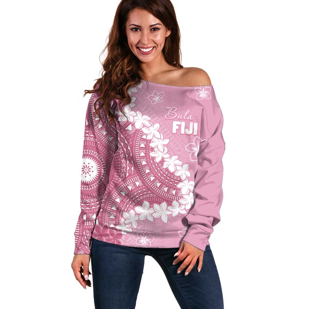 Bula Fiji Women's Day Off Shoulder Sweater Pink Masi Tapa