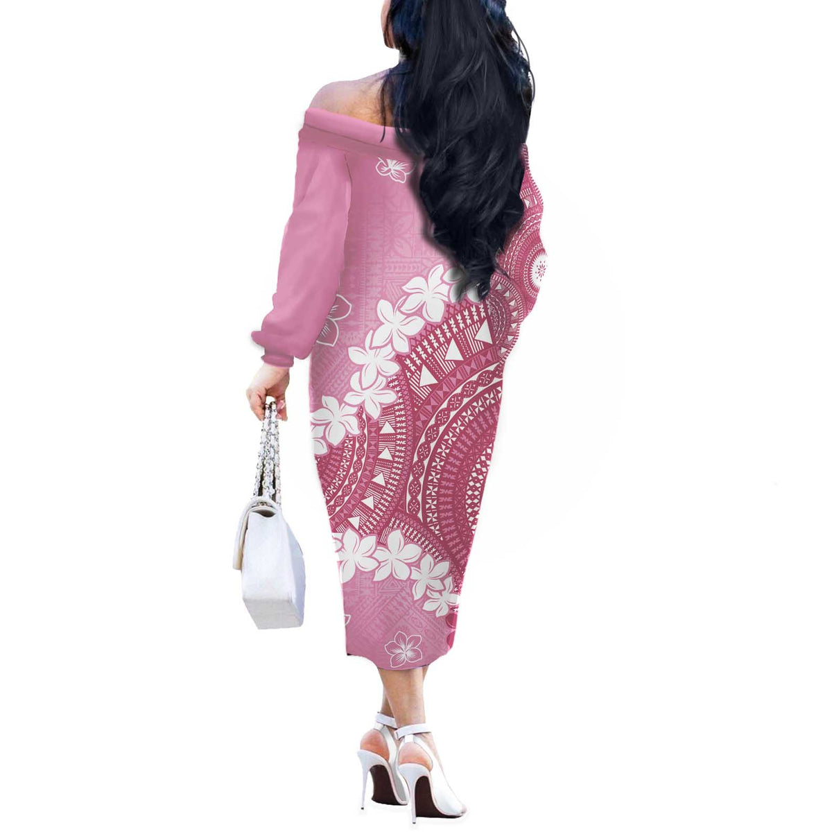 Bula Fiji Women's Day Off The Shoulder Long Sleeve Dress Pink Masi Tapa LT7 - Polynesian Pride