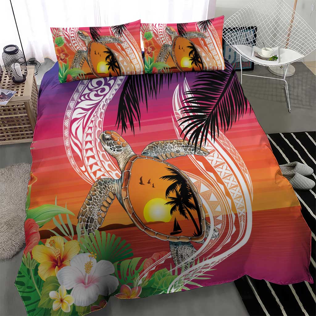 Polynesian Dreamy Turtle Bedding Set Sunset Scenery