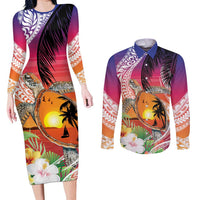 Polynesian Dreamy Turtle Couples Matching Long Sleeve Bodycon Dress and Long Sleeve Button Shirt Sunset Scenery