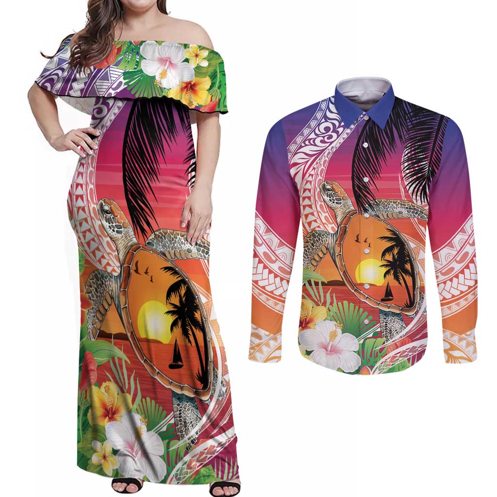 Polynesian Dreamy Turtle Couples Matching Off Shoulder Maxi Dress and Long Sleeve Button Shirt Sunset Scenery
