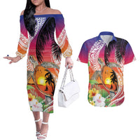 Polynesian Dreamy Turtle Couples Matching Off The Shoulder Long Sleeve Dress and Hawaiian Shirt Sunset Scenery