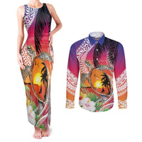 Polynesian Dreamy Turtle Couples Matching Tank Maxi Dress and Long Sleeve Button Shirt Sunset Scenery