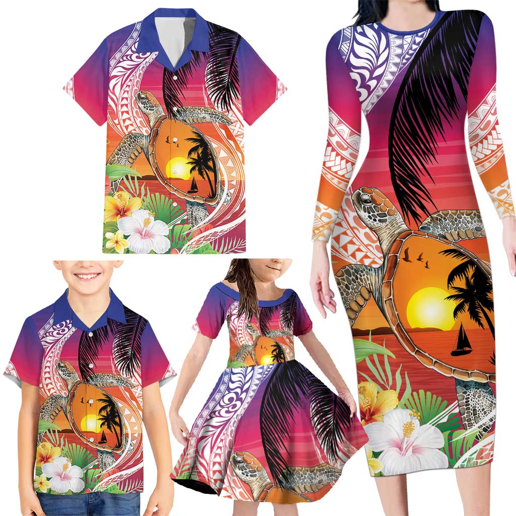 Polynesian Dreamy Turtle Family Matching Long Sleeve Bodycon Dress and Hawaiian Shirt Sunset Scenery LT7 - Polynesian Pride