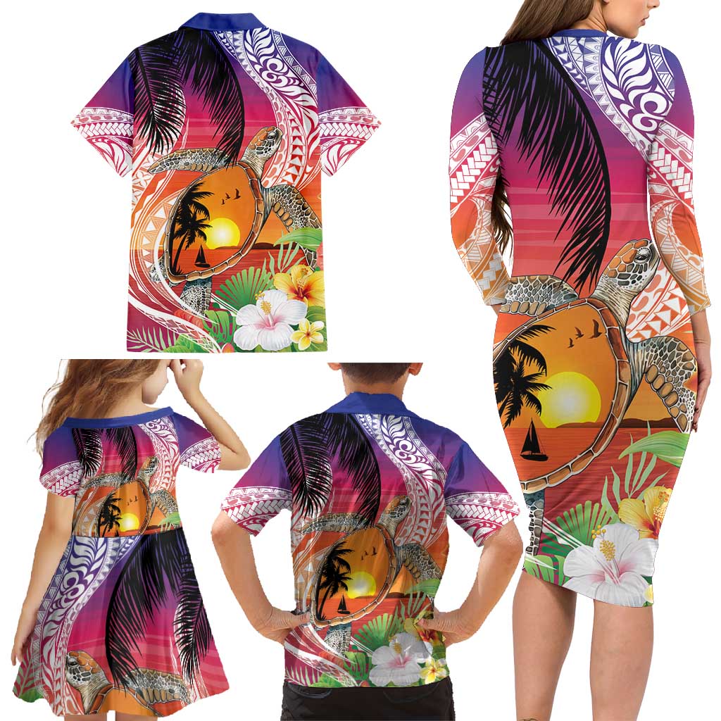 Polynesian Dreamy Turtle Family Matching Long Sleeve Bodycon Dress and Hawaiian Shirt Sunset Scenery LT7 - Polynesian Pride