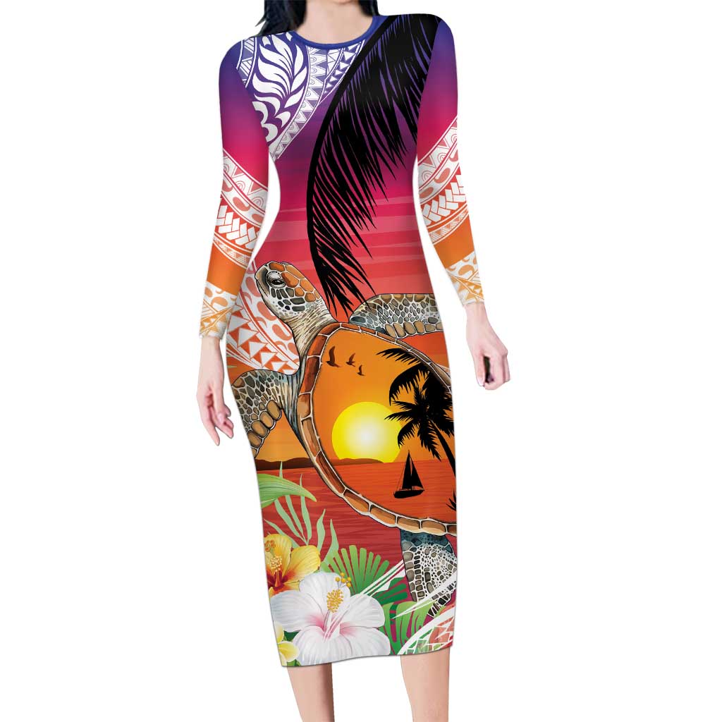 Polynesian Dreamy Turtle Family Matching Long Sleeve Bodycon Dress and Hawaiian Shirt Sunset Scenery LT7 Mom's Dress Art - Polynesian Pride