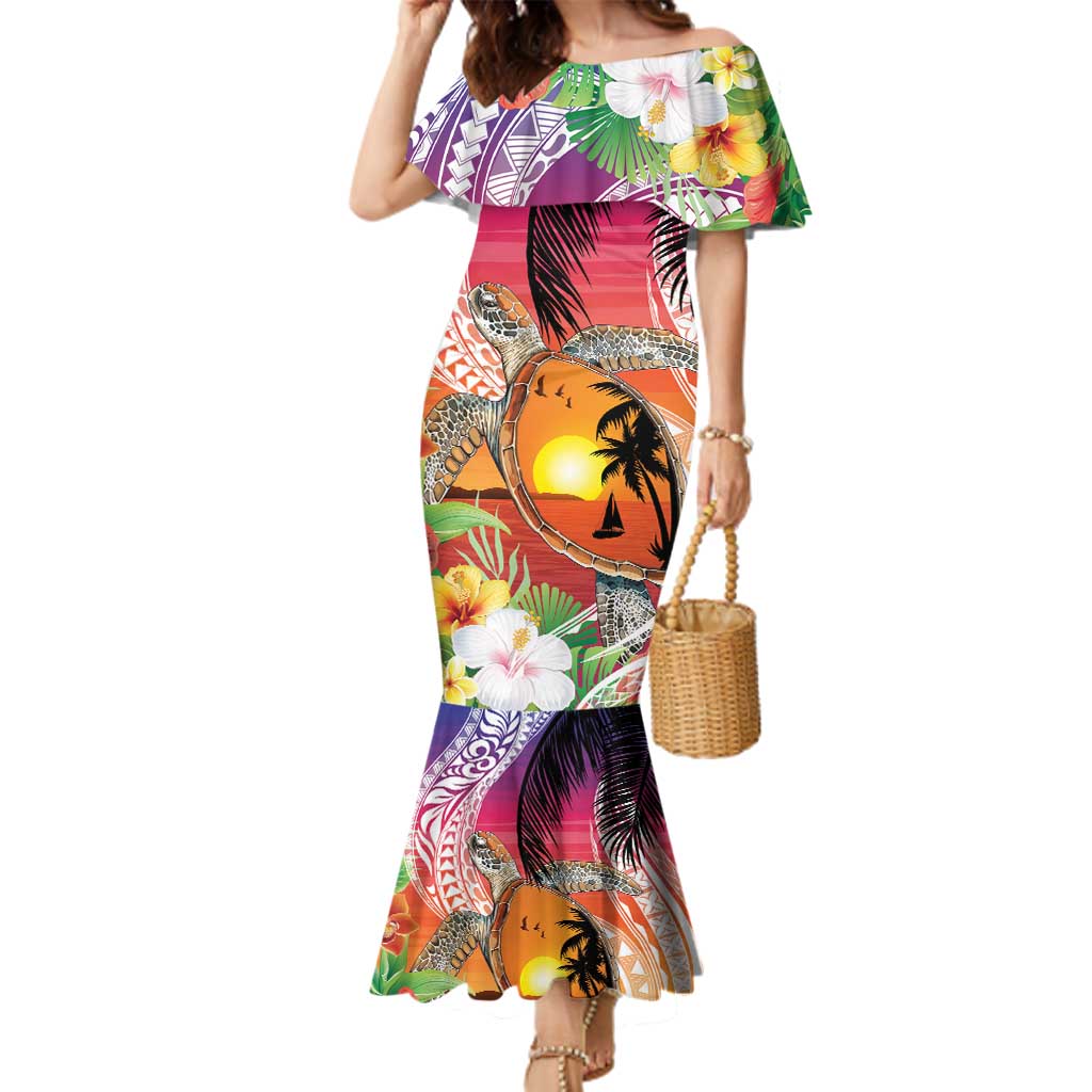 Polynesian Dreamy Turtle Family Matching Mermaid Dress and Hawaiian Shirt Sunset Scenery LT7 Mom's Dress Art - Polynesian Pride