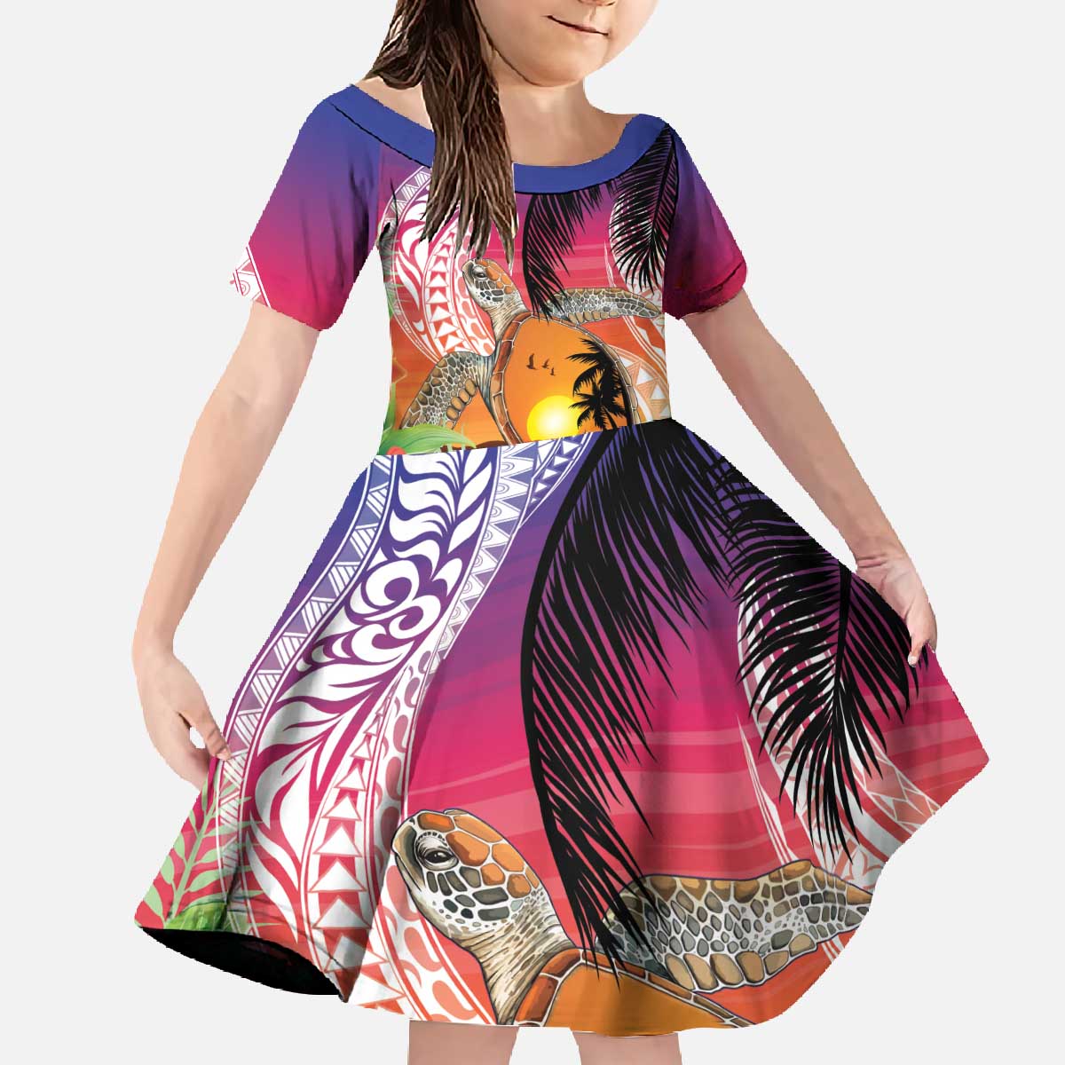 Polynesian Dreamy Turtle Family Matching Off The Shoulder Long Sleeve Dress and Hawaiian Shirt Sunset Scenery