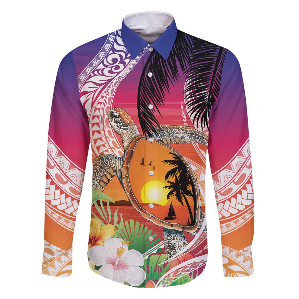 Polynesian Dreamy Turtle Family Matching Off The Shoulder Long Sleeve Dress and Hawaiian Shirt Sunset Scenery