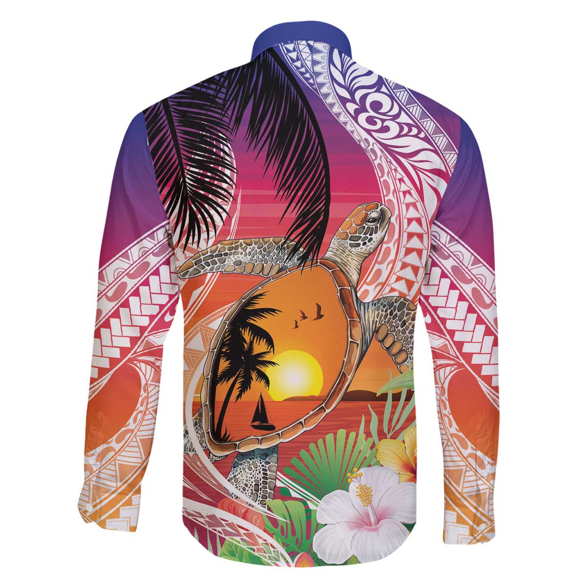 Polynesian Dreamy Turtle Family Matching Off The Shoulder Long Sleeve Dress and Hawaiian Shirt Sunset Scenery