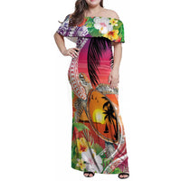 Polynesian Dreamy Turtle Family Matching Off Shoulder Maxi Dress and Hawaiian Shirt Sunset Scenery