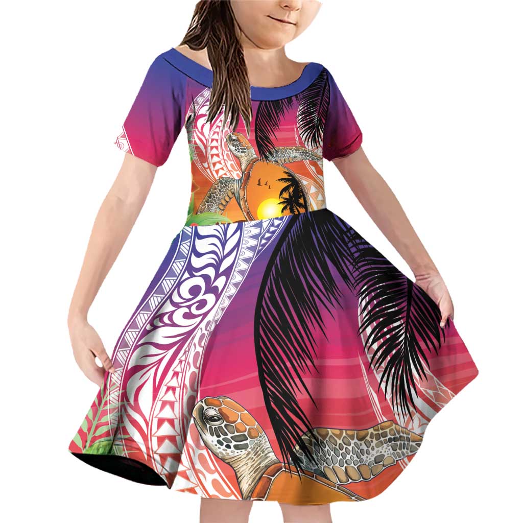 Polynesian Dreamy Turtle Family Matching Off Shoulder Short Dress and Hawaiian Shirt Sunset Scenery