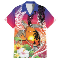 Polynesian Dreamy Turtle Family Matching Off Shoulder Short Dress and Hawaiian Shirt Sunset Scenery