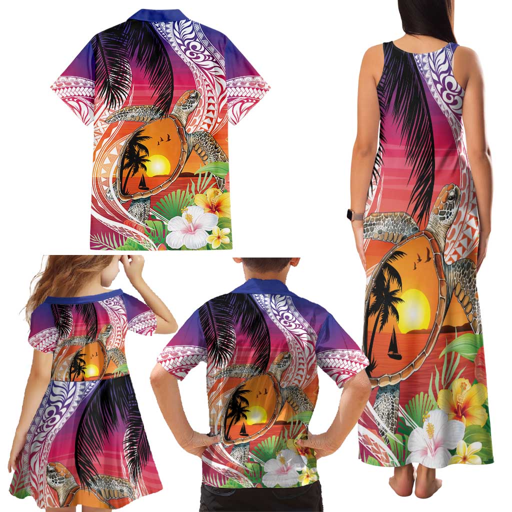 Polynesian Dreamy Turtle Family Matching Tank Maxi Dress and Hawaiian Shirt Sunset Scenery LT7 - Polynesian Pride